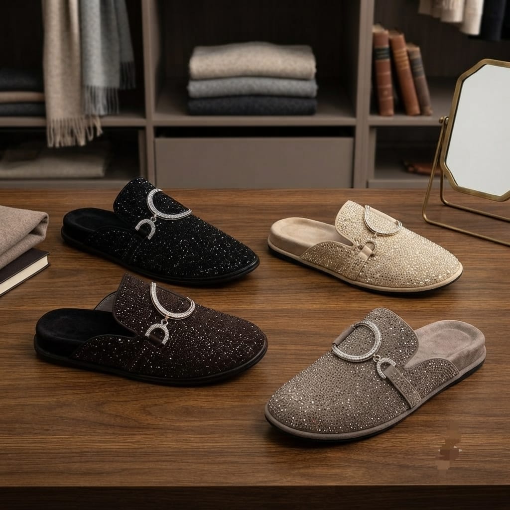 Women's Rhinestone Mule Slippers – Elegant Closed Toe Flat Slides, Breathable Casual Slip-On Loafers for Indoor & Outdoor