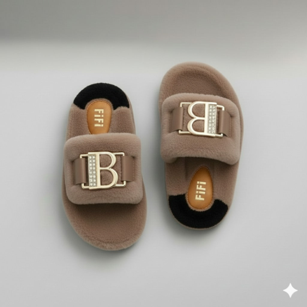 Women’s Cozy Plush Slippers – Luxe Comfort With Elegant Buckle Detail