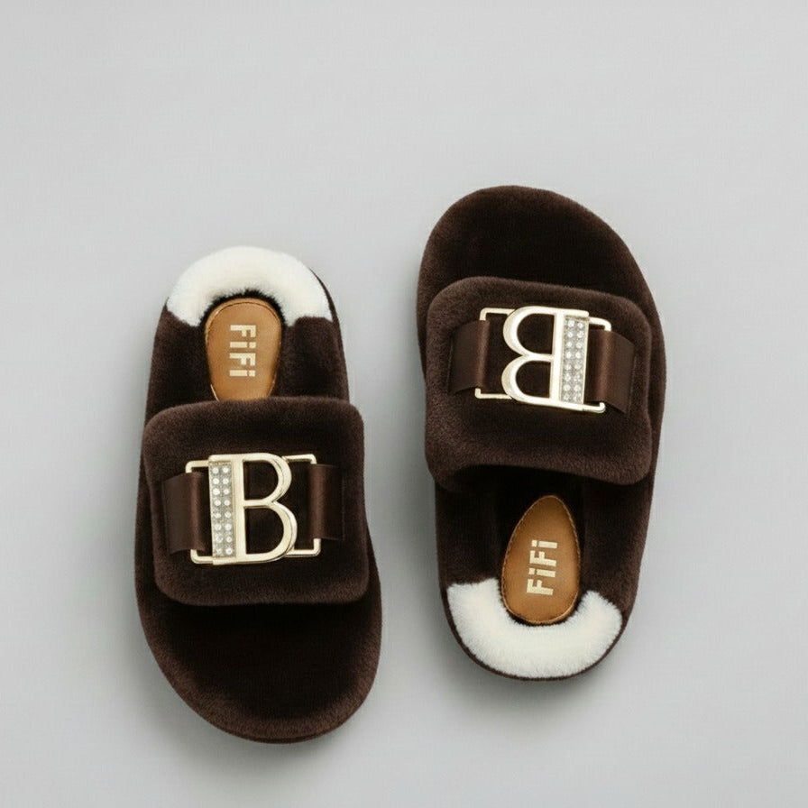 Women’s Cozy Plush Slippers – Luxe Comfort With Elegant Buckle Detail