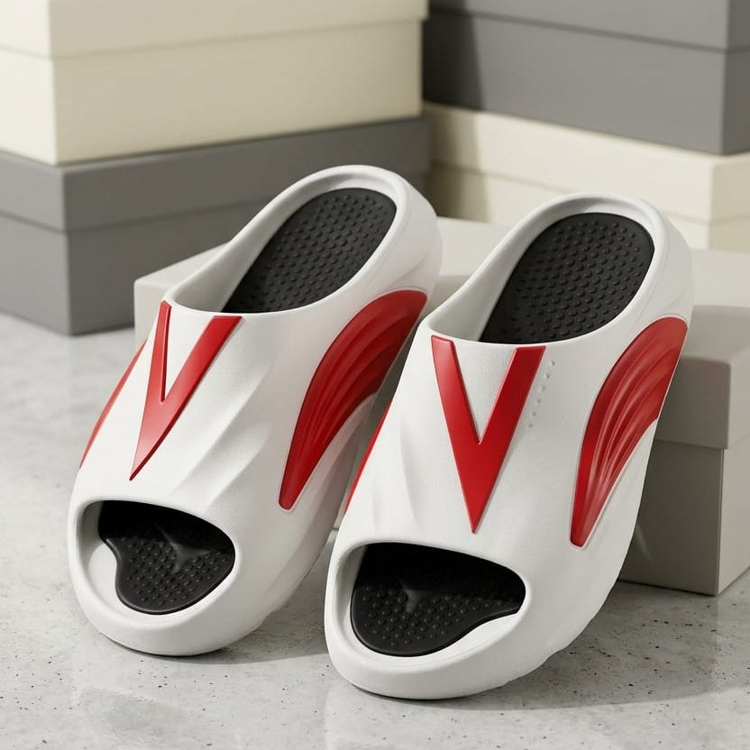 Fashion Sporty Slides for Men – Casual Designer Summer Beach Sandals – Breathable Soft Sole Home Slippers with Contrast Color V-Logo