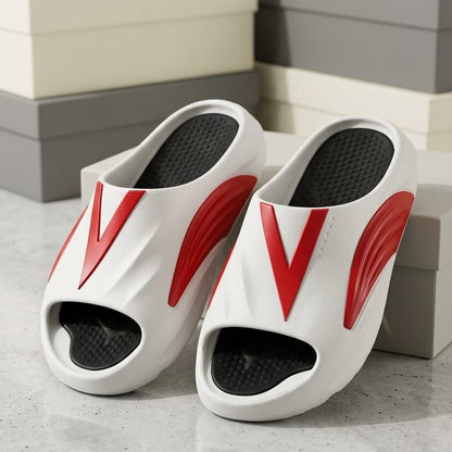 Fashion Sporty Slides for Men – Casual Designer Summer Beach Sandals – Breathable Soft Sole Home Slippers with Contrast Color V-Logo