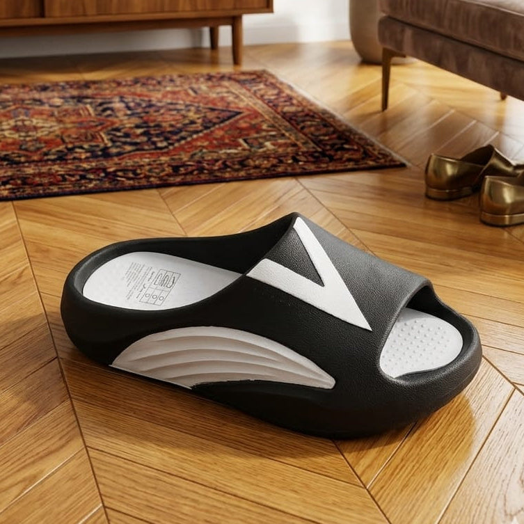 Fashion Sporty Slides for Men – Casual Designer Summer Beach Sandals – Breathable Soft Sole Home Slippers with Contrast Color V-Logo