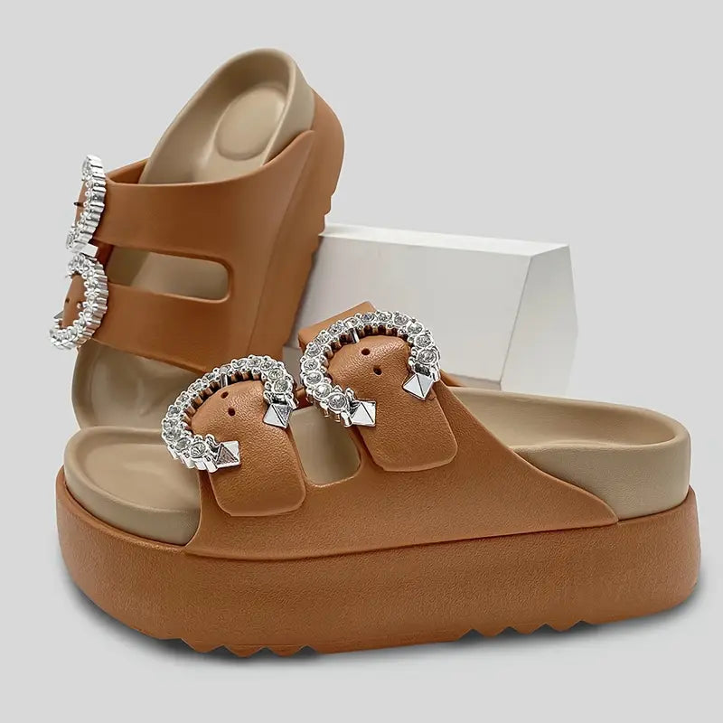 شبشب نسائي بكعب عالٍ ومنصة - ظهر بأشرطة، مريح من مادة EVA ، مفتوح من الأمام