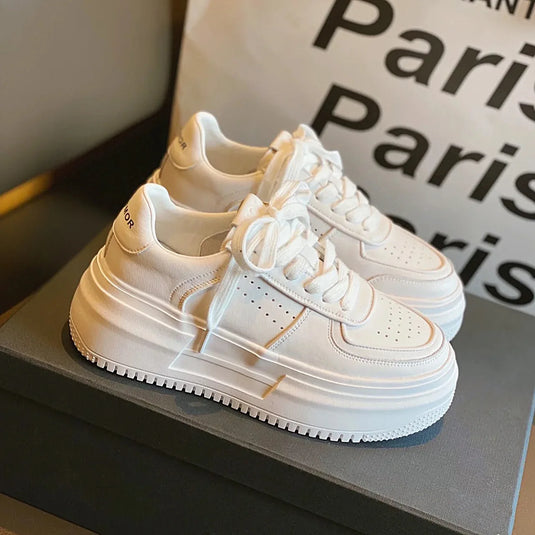 Women White Leather Sneaker Thick Sole Lace Up