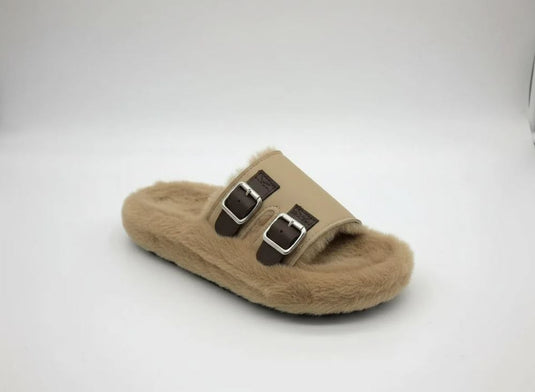 Women’s White Buckle Thick-Soled Fur Slippers – New Plush Cotton Warm Platform Slippers for Outdoor Wear