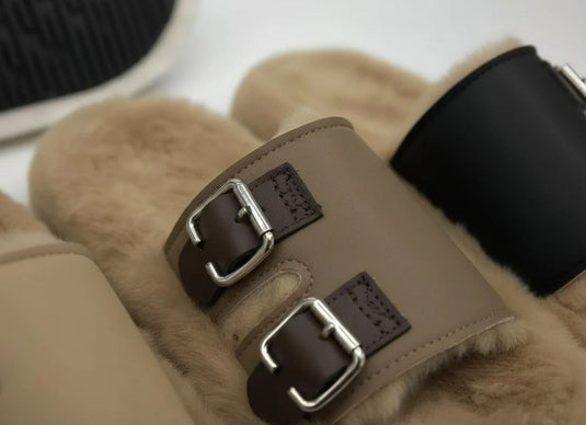 Women’s White Buckle Thick-Soled Fur Slippers – New Plush Cotton Warm Platform Slippers for Outdoor Wear