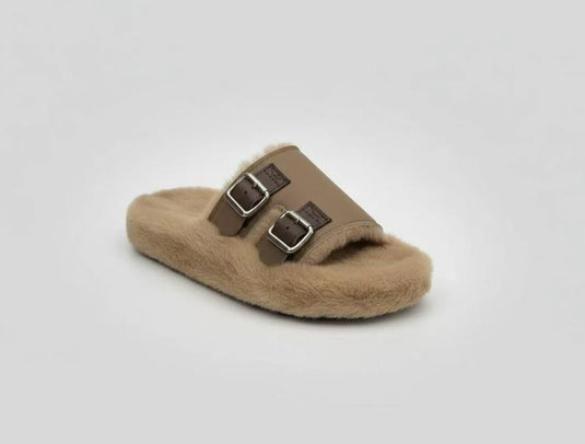 Women’s White Buckle Thick-Soled Fur Slippers – New Plush Cotton Warm Platform Slippers for Outdoor Wear