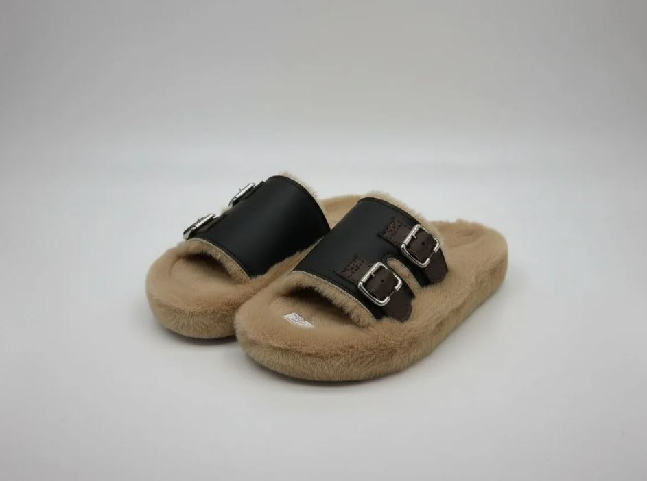 شبشب نسائي  بكعب سميك من الفرو - شباشب دافئة جديدة من القطن الناعم ذات قاعدة سميكة للاستخدام الخارجي