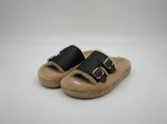 Women’s White Buckle Thick-Soled Fur Slippers – New Plush Cotton Warm Platform Slippers for Outdoor Wear