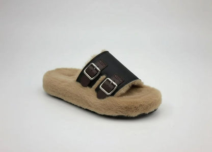 شبشب نسائي  بكعب سميك من الفرو - شباشب دافئة جديدة من القطن الناعم ذات قاعدة سميكة للاستخدام الخارجي