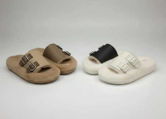 Women’s White Buckle Thick-Soled Fur Slippers – New Plush Cotton Warm Platform Slippers for Outdoor Wear