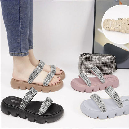 صندل ويدج كريستال للنساء صيف 2024 - نعل سميك مزين بالكريستال