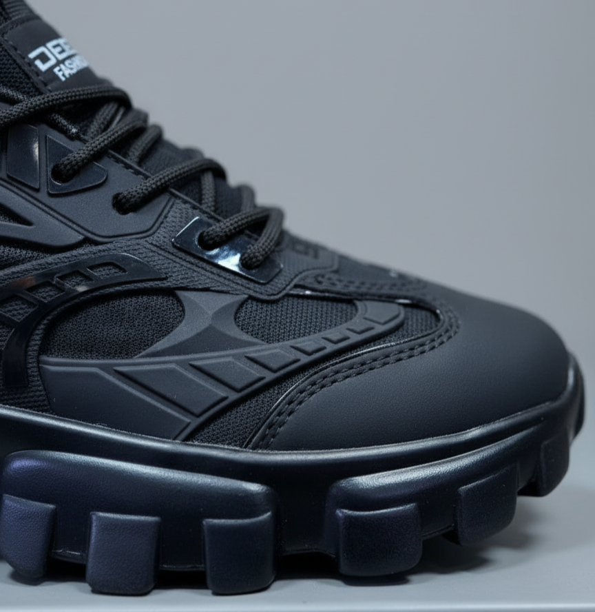 أحذية رياضية رجالية - أحذية رياضية سوداء أنيقة، أحذية كاجوال عصرية عالية الجودة، تسمح بمرور الهواء.