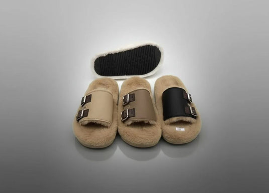Women’s White Buckle Thick-Soled Fur Slippers – New Plush Cotton Warm Platform Slippers for Outdoor Wear