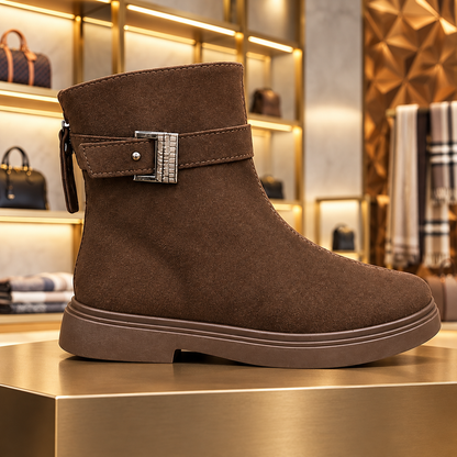 Women’s Elegant Suede-Look Ankle Boots with Decorative Buckle Strap, Zip Closure and Chunky Sole – A Timeless Style for Effortless Autumn and Winter Outfits