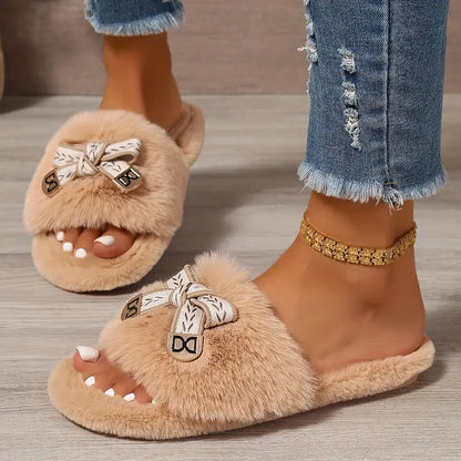  EVA نعال نسائية من الفرو الصناعي الناعم مع عقدة فيونكة لطيفة، مبطنة بقماش مريح غير قابل للانزلاق من مادة