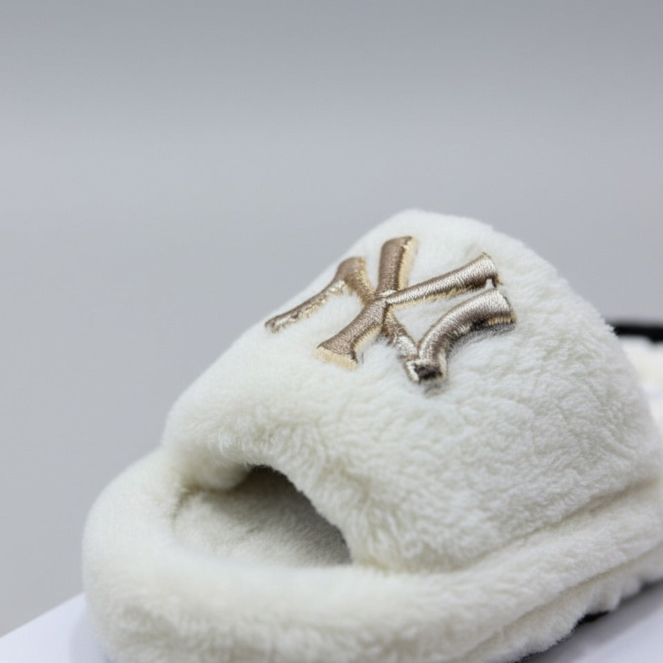 Women’s Fuzzy Open-Toe Slide Slippers with Monogram Detail — Product image: