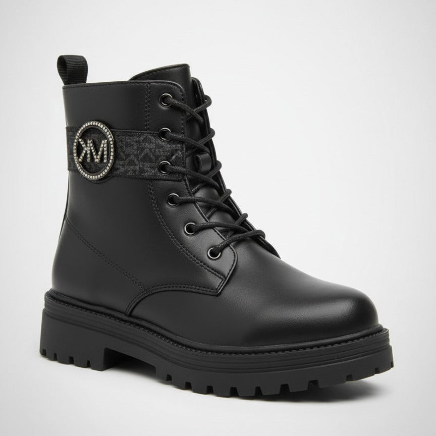 Women’s lug-sole lace-up combat boots with MK logo — Product image: 