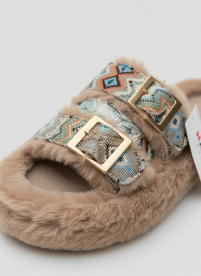 Women’s faux‑fur double‑buckle slide slippers — Product image: