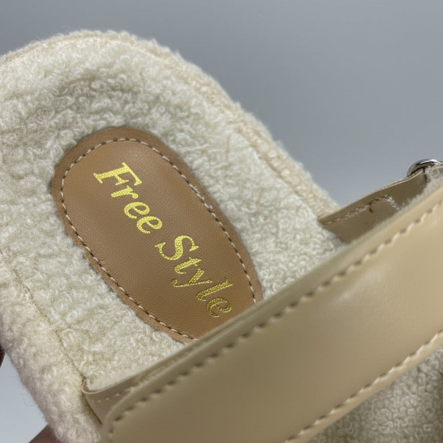 Women’s faux-leather two-strap sherpa slides — Product image:
