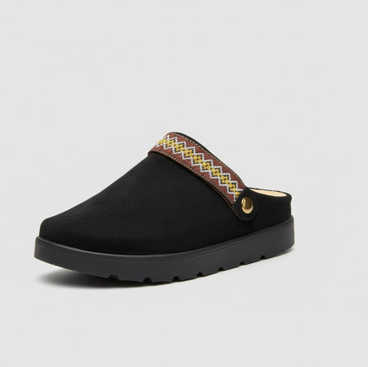 Women’s suede-look platform clogs with woven strap — Product image: 
