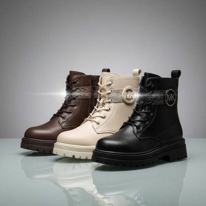 Women’s lug-sole lace-up combat boots with MK logo — Product image: 