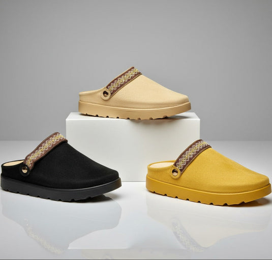 Women’s suede-look platform clogs with woven strap — Product image: 
