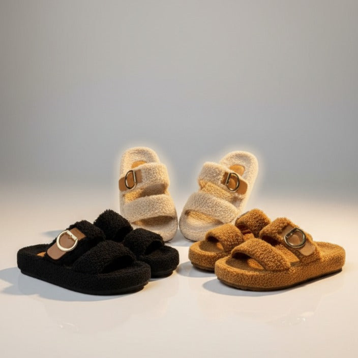 Women’s fuzzy double-strap buckle slide sandals — Product image: