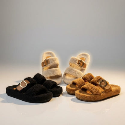 Women’s fuzzy double-strap buckle slide sandals — Product image: