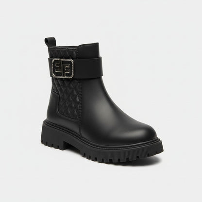 Women’s quilted ankle boots with strap and lug sole — Product image: