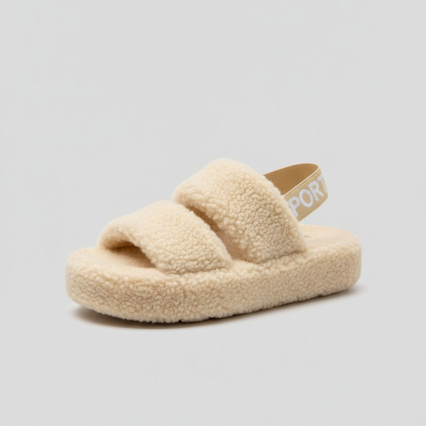 Women’s Fuzzy Double‑Strap Platform Sandals with Heel Strap — Product image: