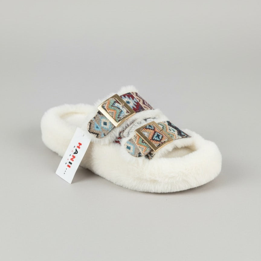 Women’s faux‑fur double‑buckle slide slippers — Product image:
