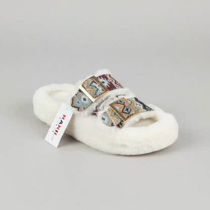 Women’s faux‑fur double‑buckle slide slippers — Product image:
