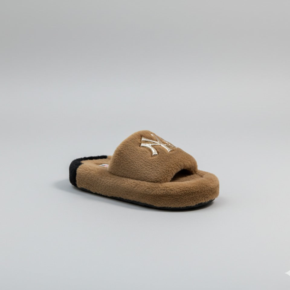 Fuzzy Open-Toe Slide Slippers—Cushions Hard Floors, Monogram — Product image: Plush fuzzy upper warms while open toes let feet breathe. Thick cushioned footbe