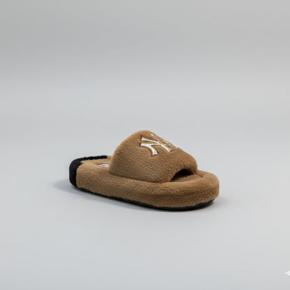 Fuzzy Open-Toe Slide Slippers—Cushions Hard Floors, Monogram — Product image: Plush fuzzy upper warms while open toes let feet breathe. Thick cushioned footbe