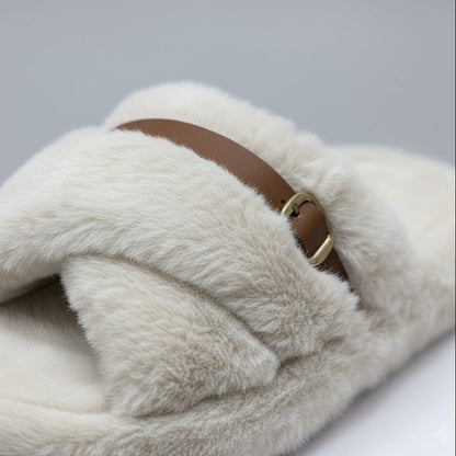 Women’s Fuzzy Cross-Band Slide Slippers with Buckle — Product image: 