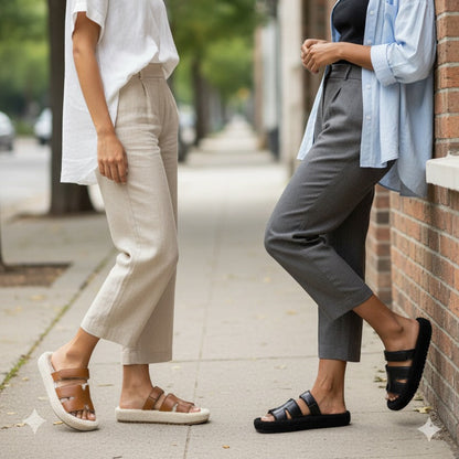 Women’s faux-leather two-strap sherpa slides — Product image: