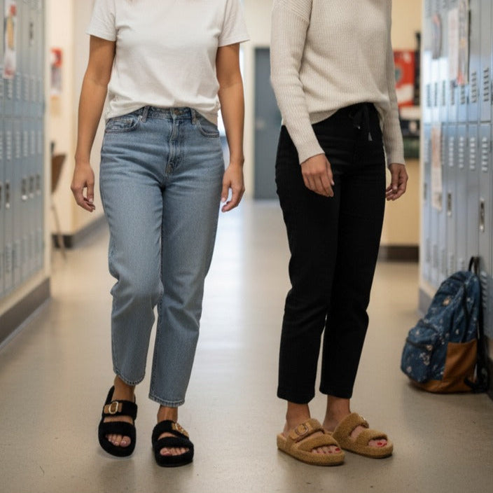 Women’s fuzzy double-strap buckle slide sandals — Product image: