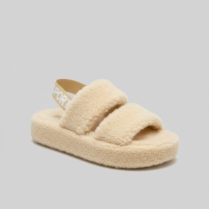Women’s Fuzzy Double‑Strap Platform Sandals with Heel Strap — Product image: