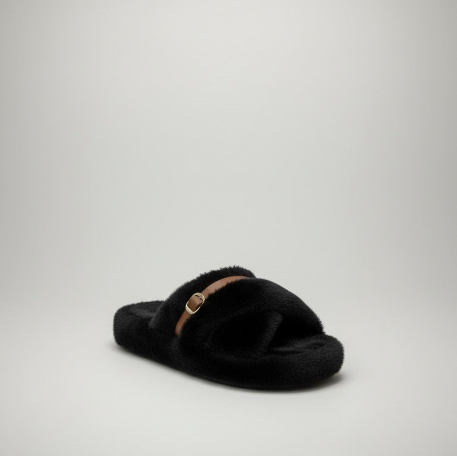 Women’s Fuzzy Cross-Band Slide Slippers with Buckle — Product image: 