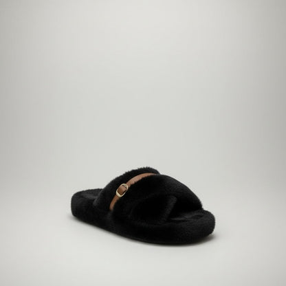Women’s Fuzzy Cross-Band Slide Slippers with Buckle — Product image: 