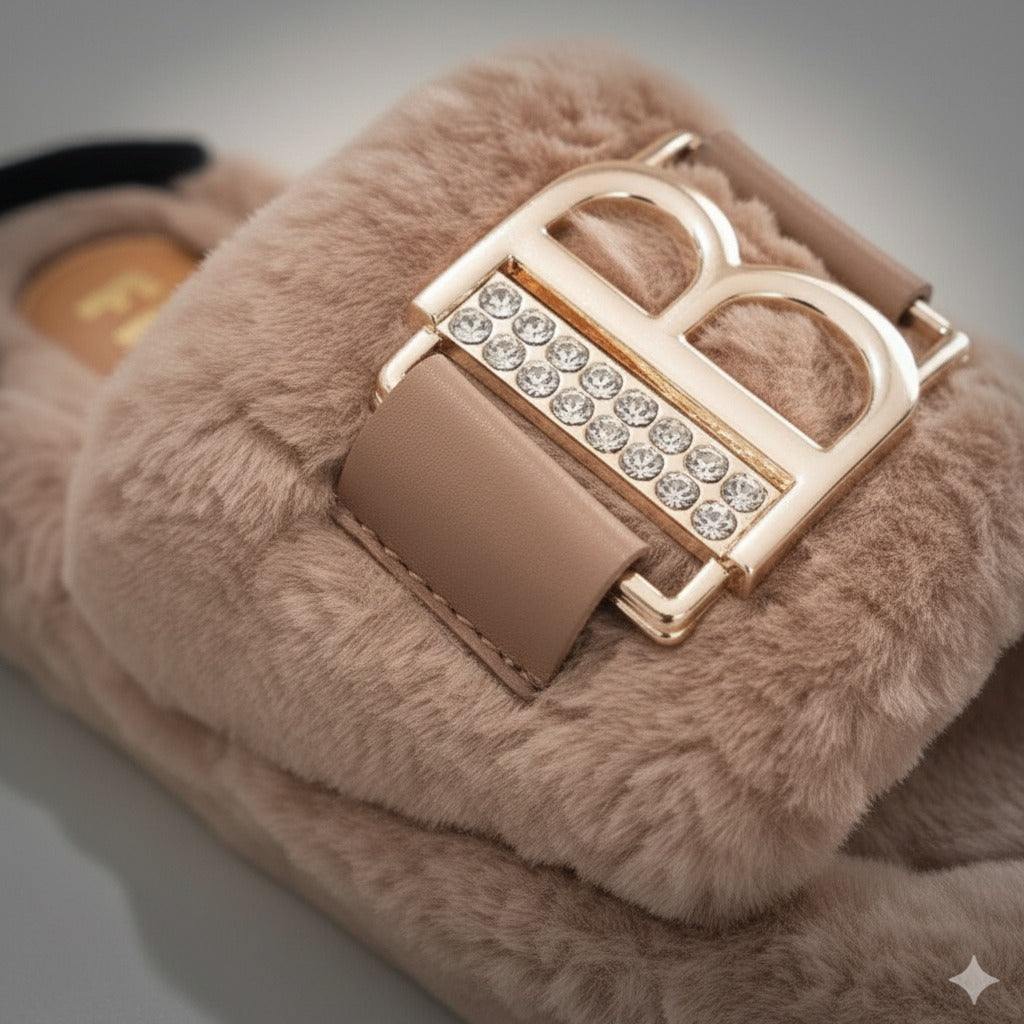 Women’s Cozy Plush Slippers – Luxe Comfort With Elegant Buckle Detail