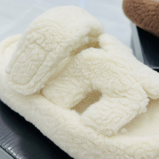 Women’s Fuzzy Two‑Strap Open-Toe Slide Slippers — Product image: 