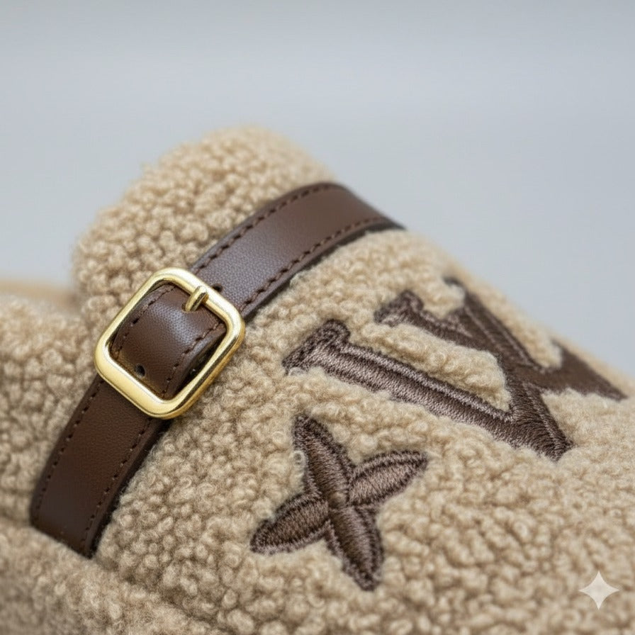 Women’s teddy-fleece buckle clog slippers — Product image: