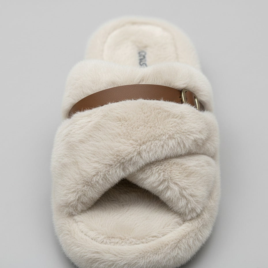 Women’s Fuzzy Cross-Band Slide Slippers with Buckle — Product image: 