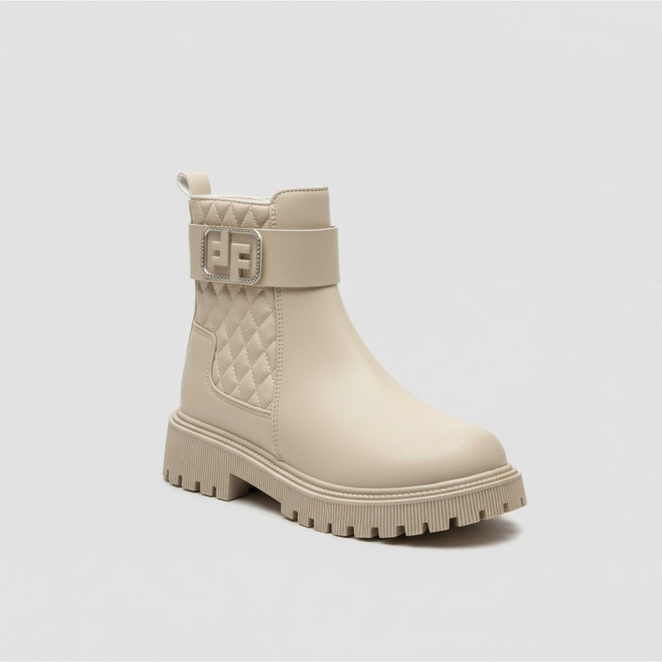 Women’s quilted ankle boots with strap and lug sole — Product image: