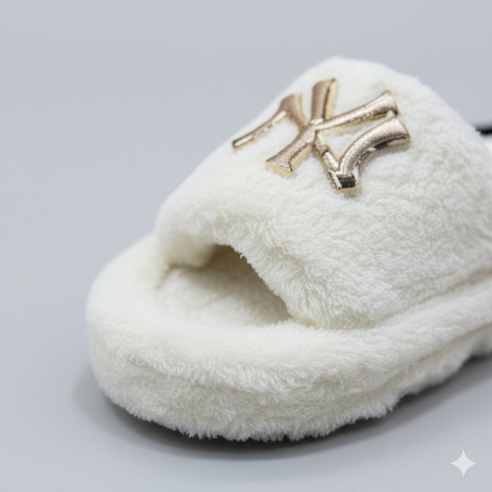 Women’s Fuzzy Open-Toe Slide Slippers with Monogram Detail — Product image: