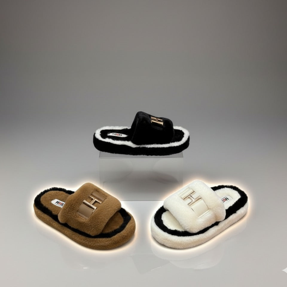Women’s Plush Slide Slippers with Metal Accent — Product image: