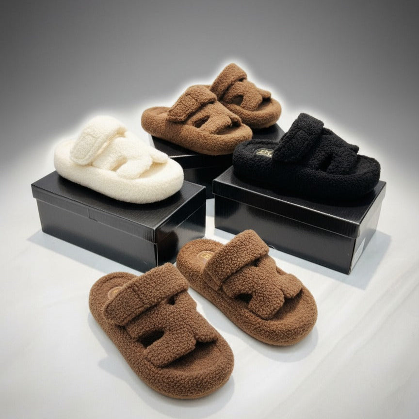 Women’s Fuzzy Two‑Strap Open-Toe Slide Slippers — Product image: