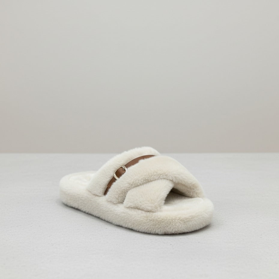 Women’s Fuzzy Cross-Band Slide Slippers with Buckle — Product image: 